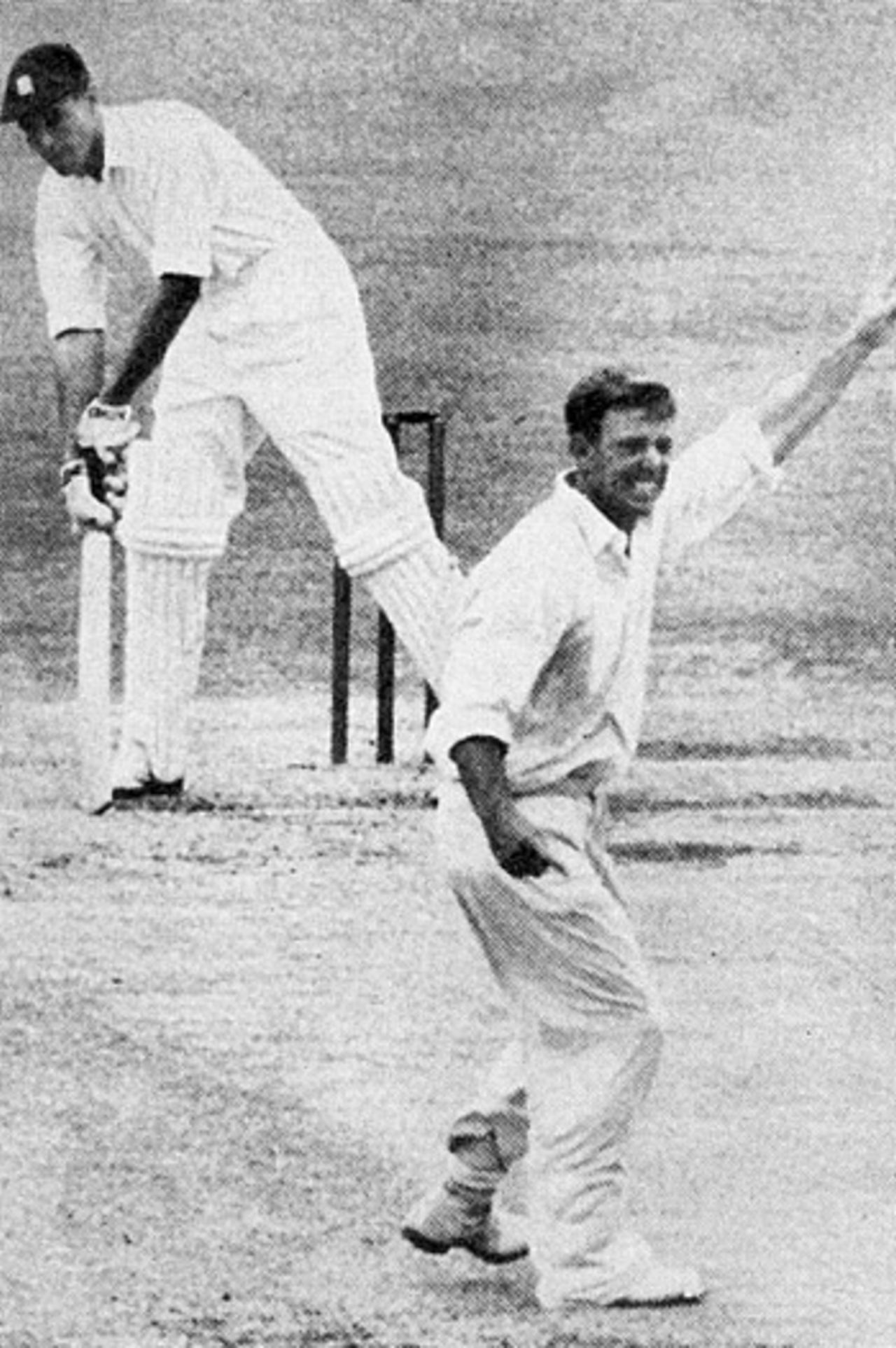 Ray Lindwall traps Peter May lbw for 44, Australia v England, 1st Test, Brisbane, November 1954