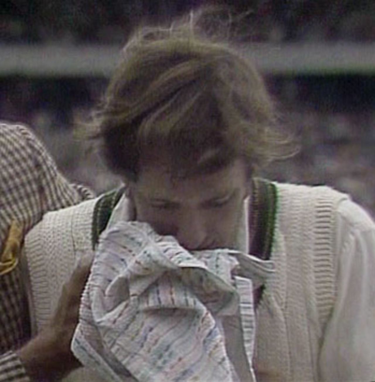 Rick McCosker is led off, his jaw broken, Australia v England, Centenary Test, Melbourne, March 1977