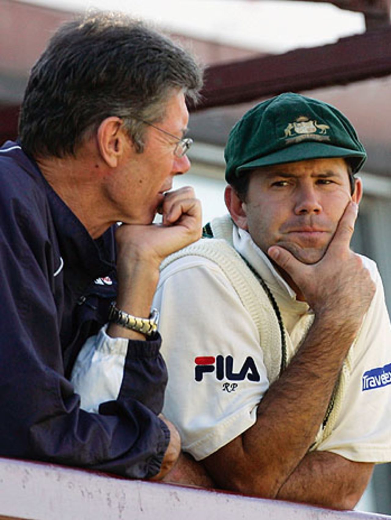 John Buchanan and Ricky Ponting chat on the balcony during the tour game, Northamptonshire v Australia, County Ground, August 21, 2005 