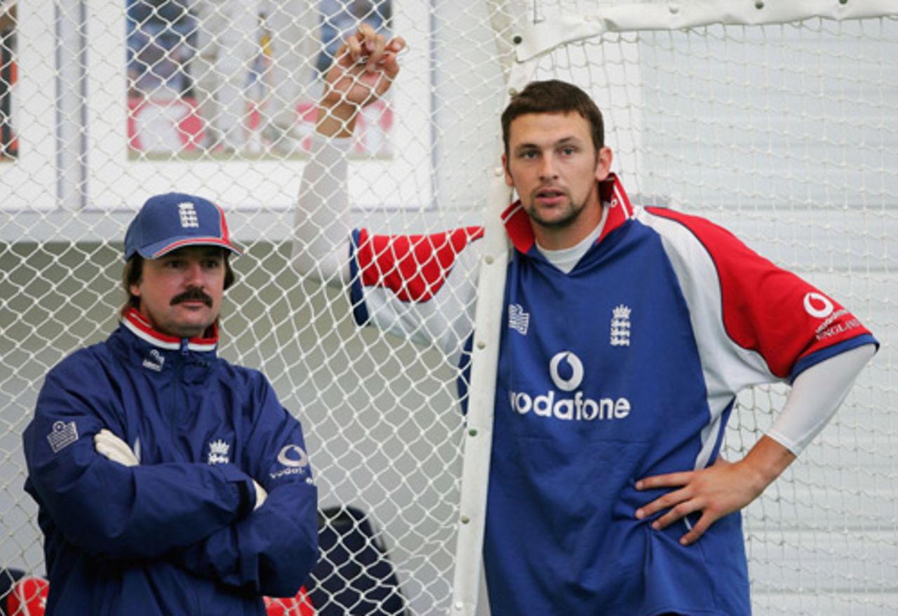 Little and large: Jack Russell and Steve Harmison during an indoor practice in the Indoor Academy at Loughbrough August 24, 2005