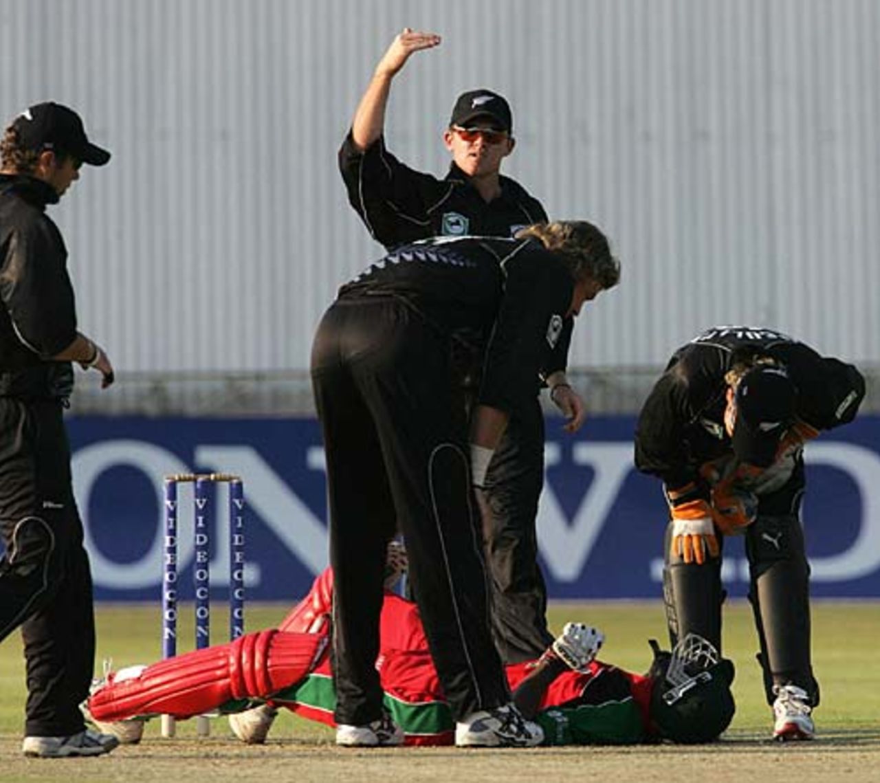 Blessing Mahwire lies prostrate after being felled by Jacon Oram, New Zealand v Zimbabwe, August 24, 2005