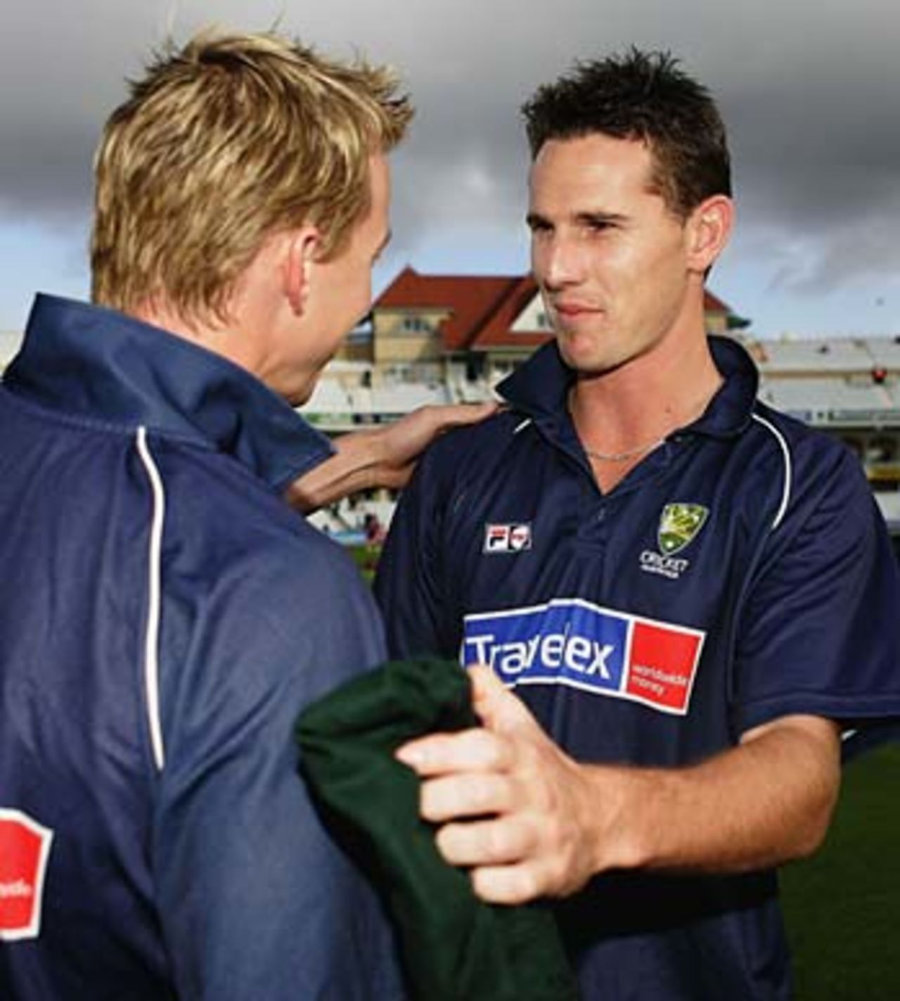 Brett Lee congratulates Shaun Tait on being handed his Baggy Green, England v Australia, 4th Test, Nottingham, August 25, 2005
