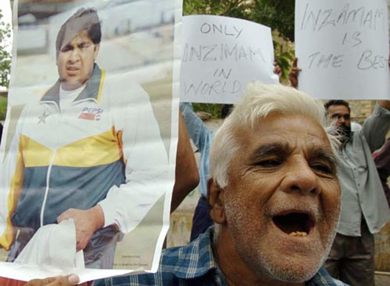 Angry Pakistani cricket fans chant anti-ICC slogans after Inzamam-ul-Haq was left out of the Rest of the World XI, Karachi, August 25, 2005