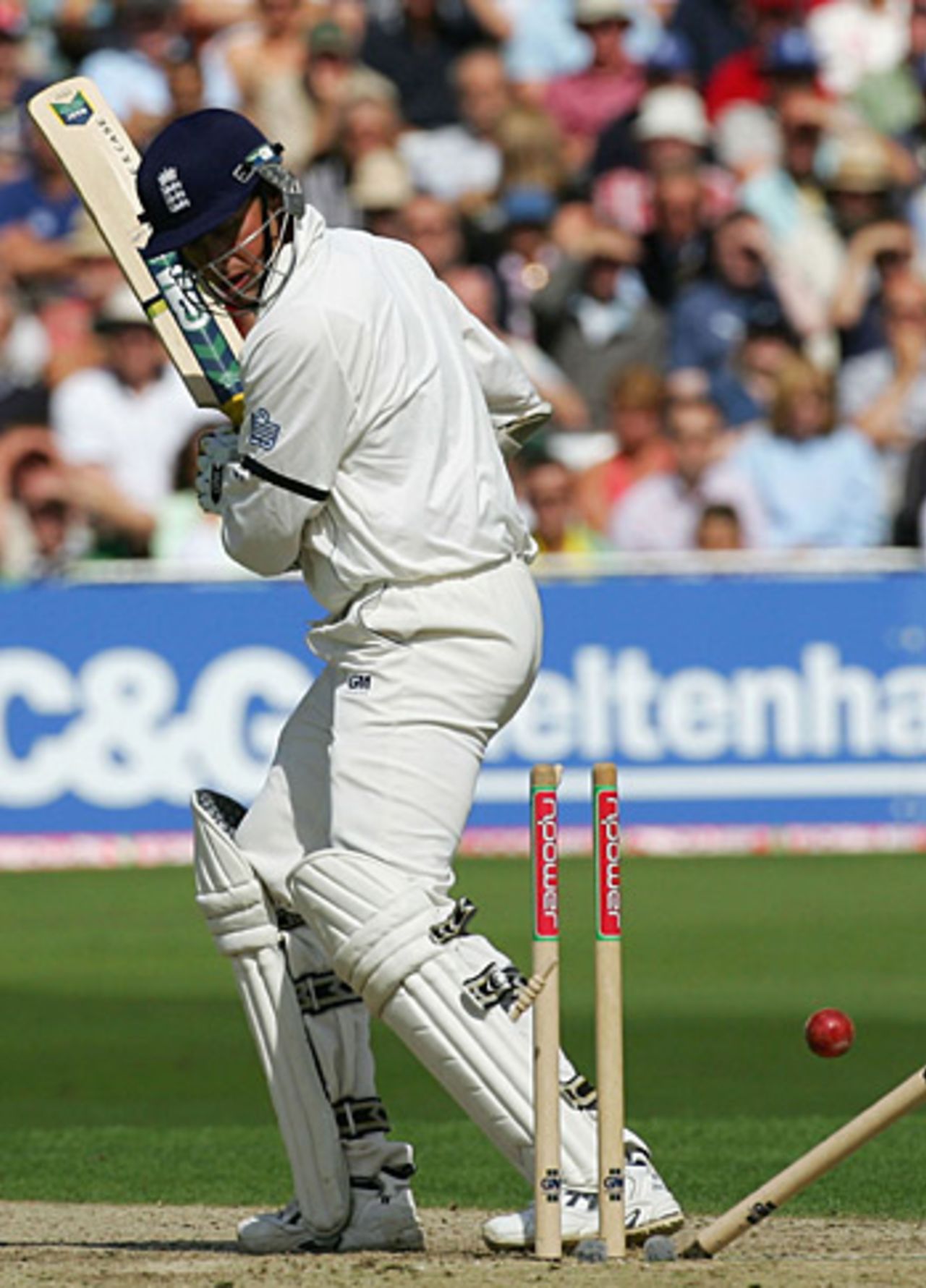 Marcus Tresothick is bowled...off a no-ball by Brett Lee, England v Australia, Trent Bridge, August 25, 2005
