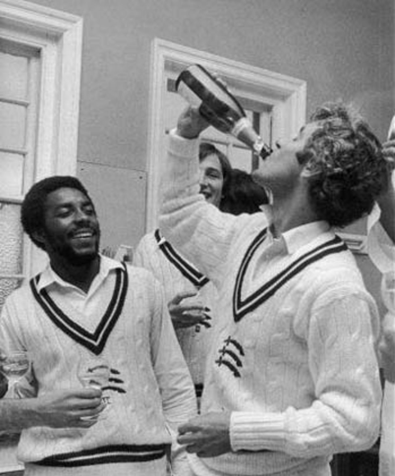 Mike Brearley and Roland Butcher celebrate Middlesex's first Championship title since 1949, Surrey v Middlesex, The Oval, September 1976
