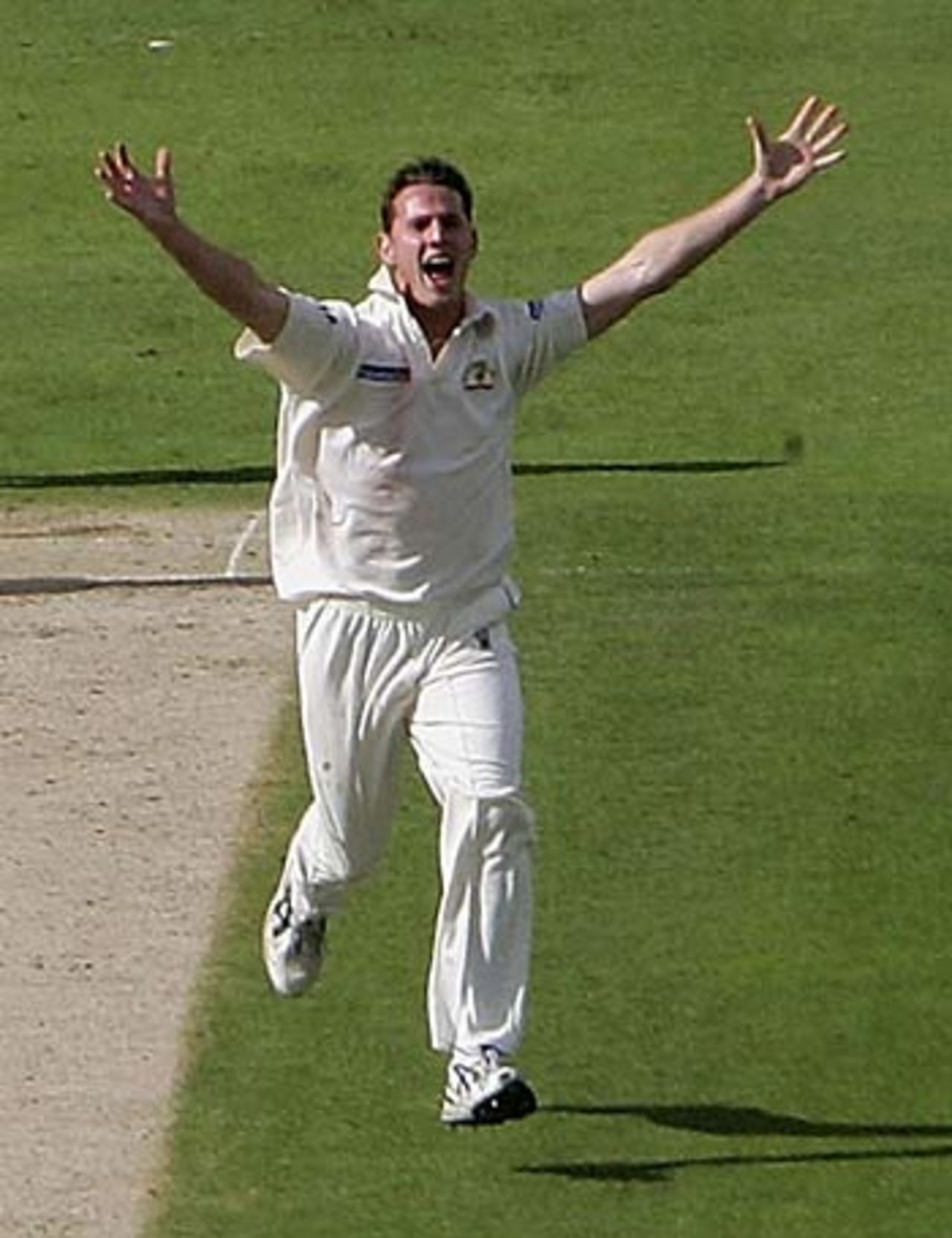 Shaun Tait celebrates bowling Marcus Trescothick to grab his first Test wicket, on debut, England v Australia, Trent Bridge, August 25, 2005