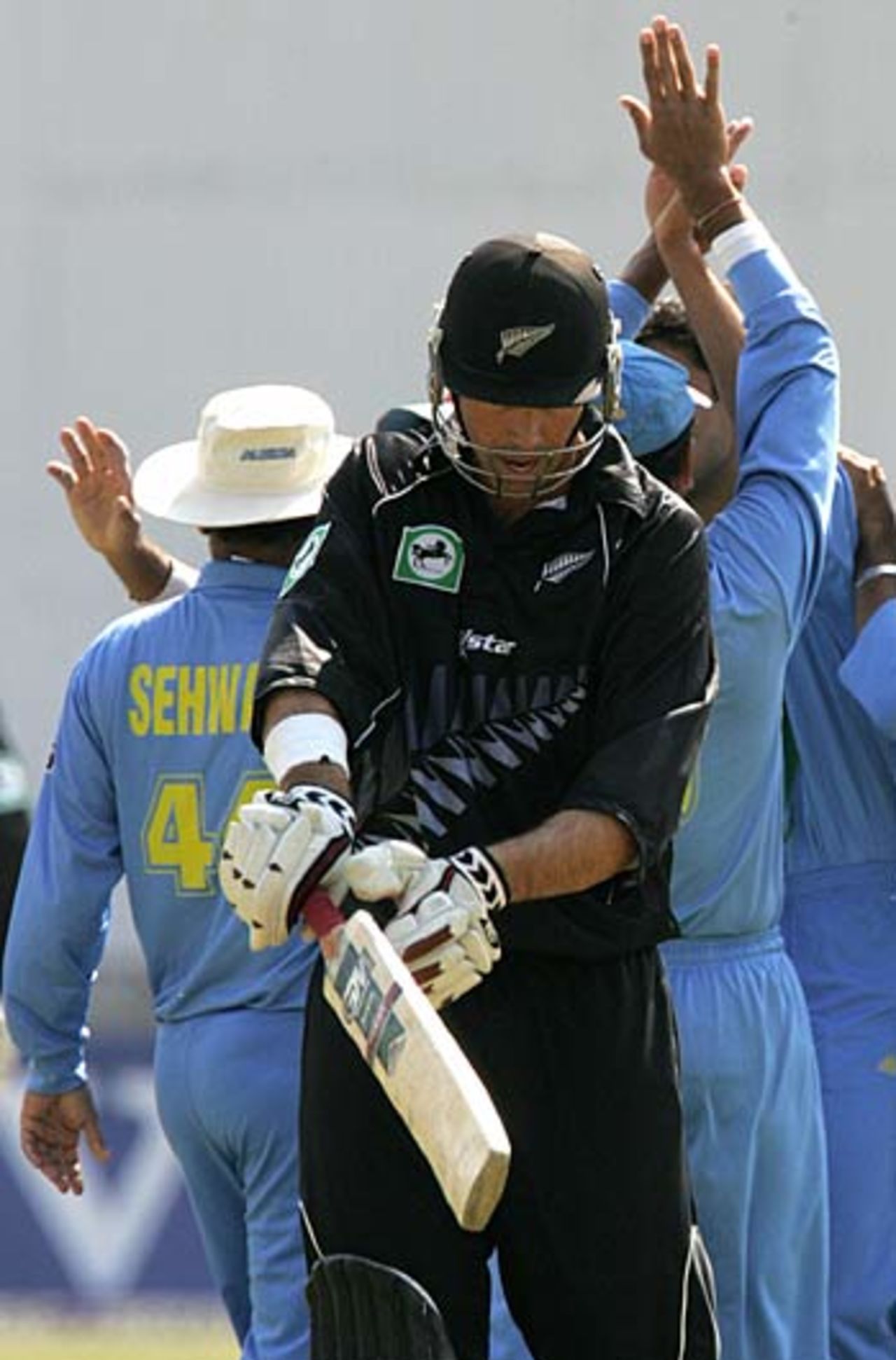Stephen Fleming departs as India celebrate, India v New Zealand, Videocon Cup, Bulawayo, August 26, 2005