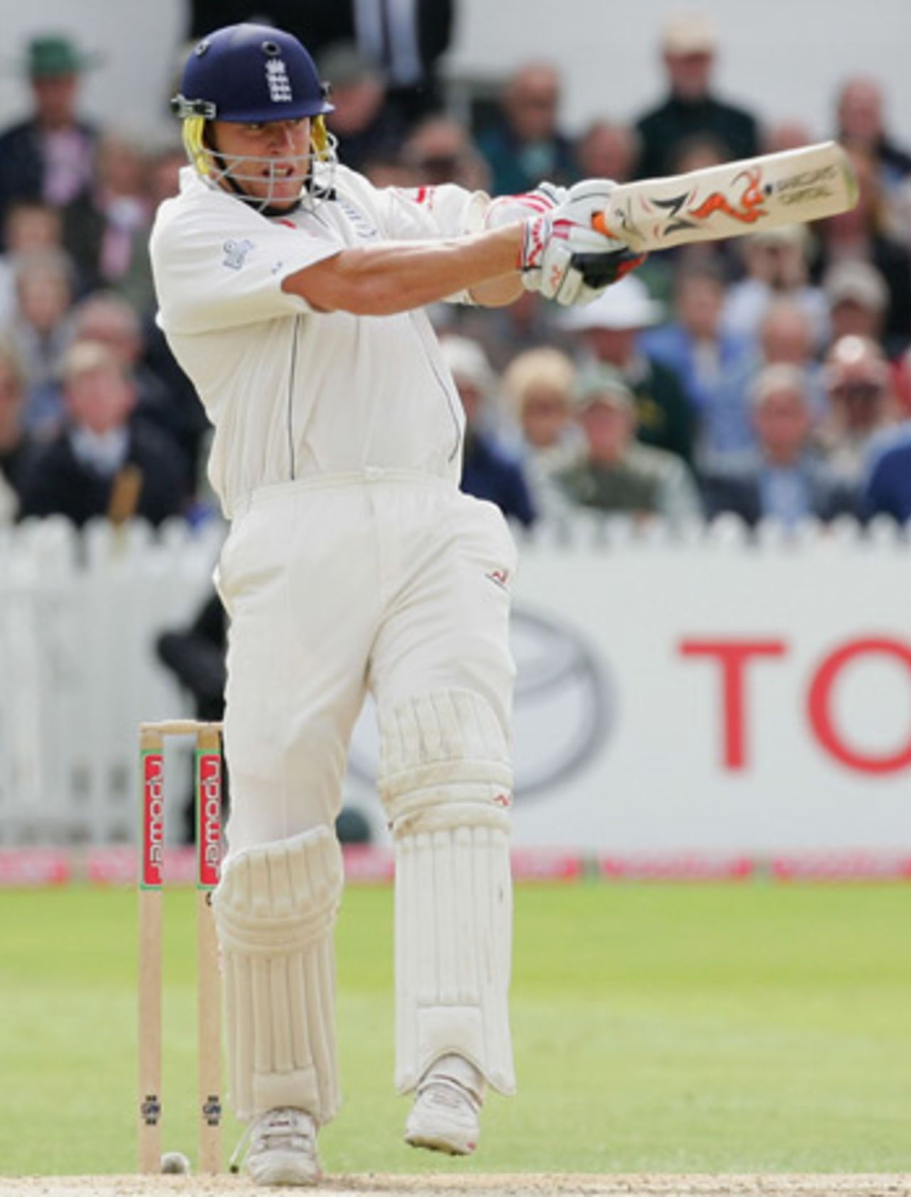 Andrew Flintoff keeps his eye on the ball as he launches a pull on the second morning of the fourth Test, England v Australia, August 26, 2005