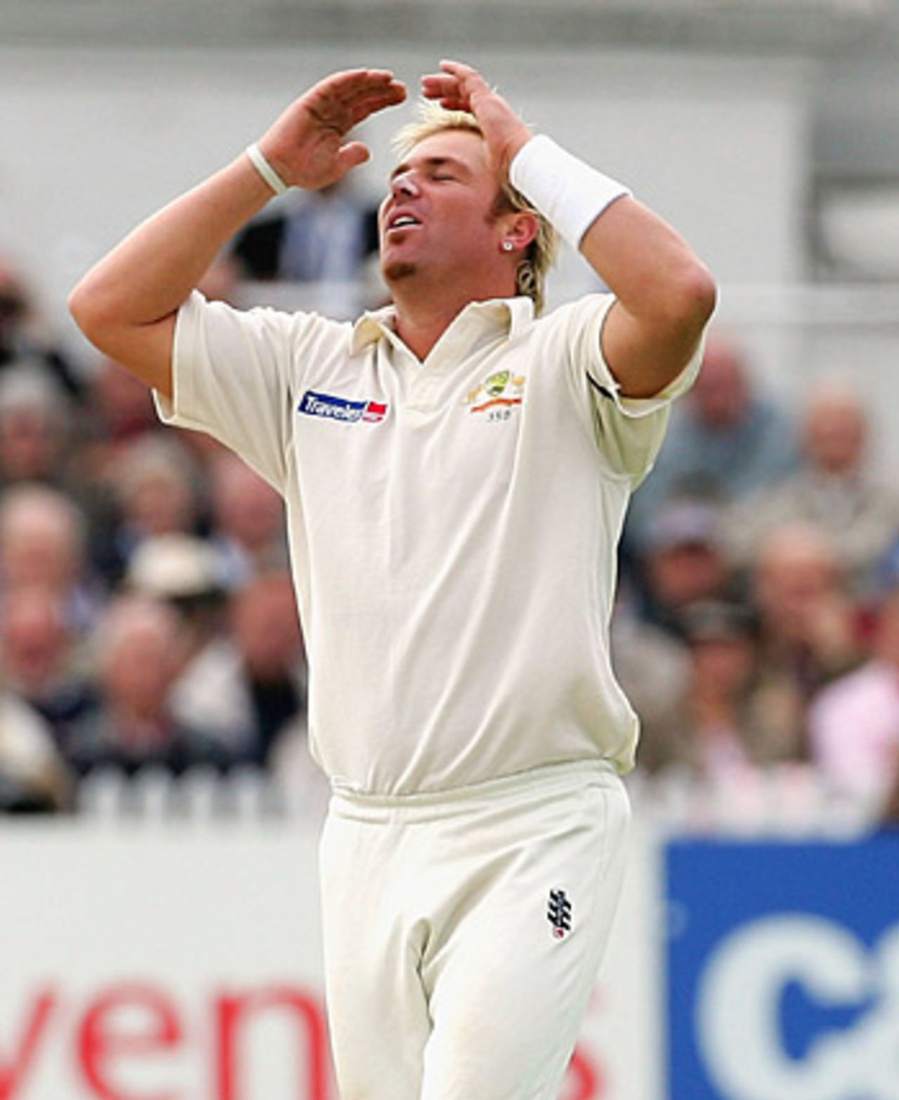 Shane Warne throws his hands up in frustration, as Australia took just one wicket in the morning session, England v Australia, Trent Bridge, August 26, 2005