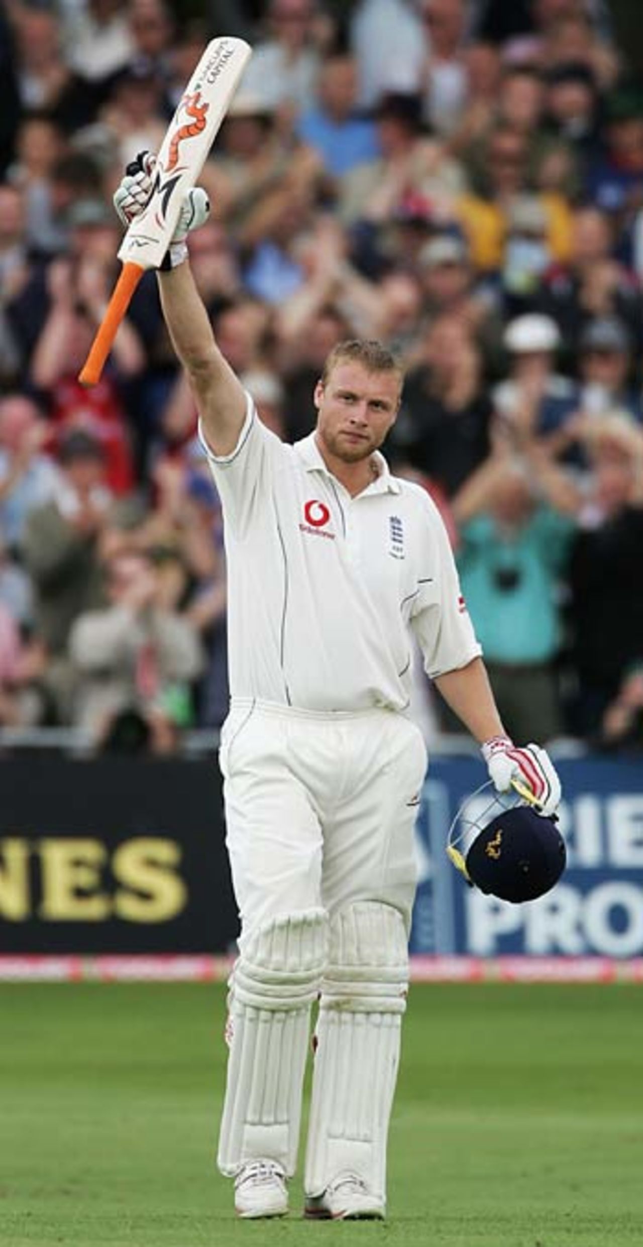 Andrew Flintoff reaches his hundred off 121 balls, England v Australia, Nottingham, August 26, 2005