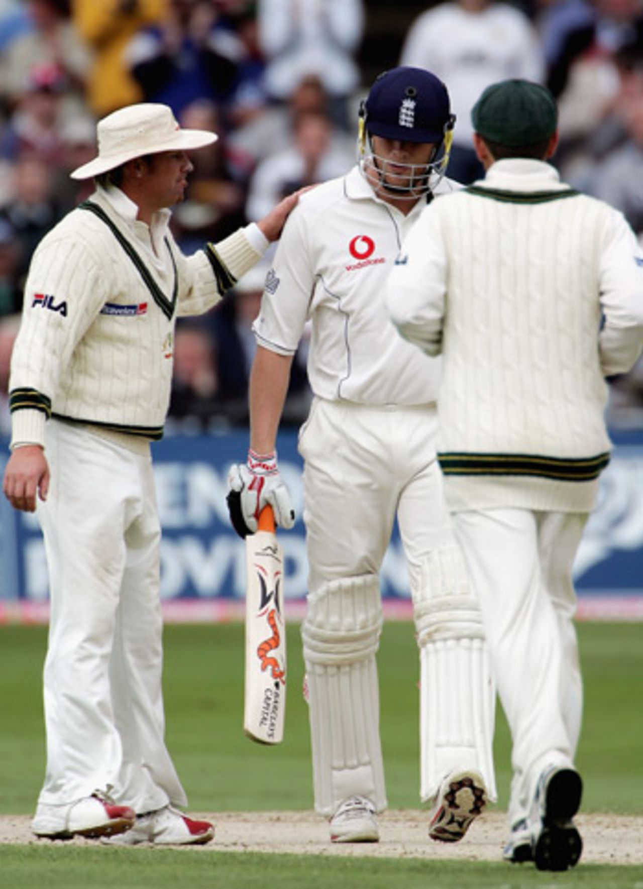 Shane Warne congratulates Andrew Flintoff on his knock of 102, England v Australia, Trent Bridge, August 26, 2005