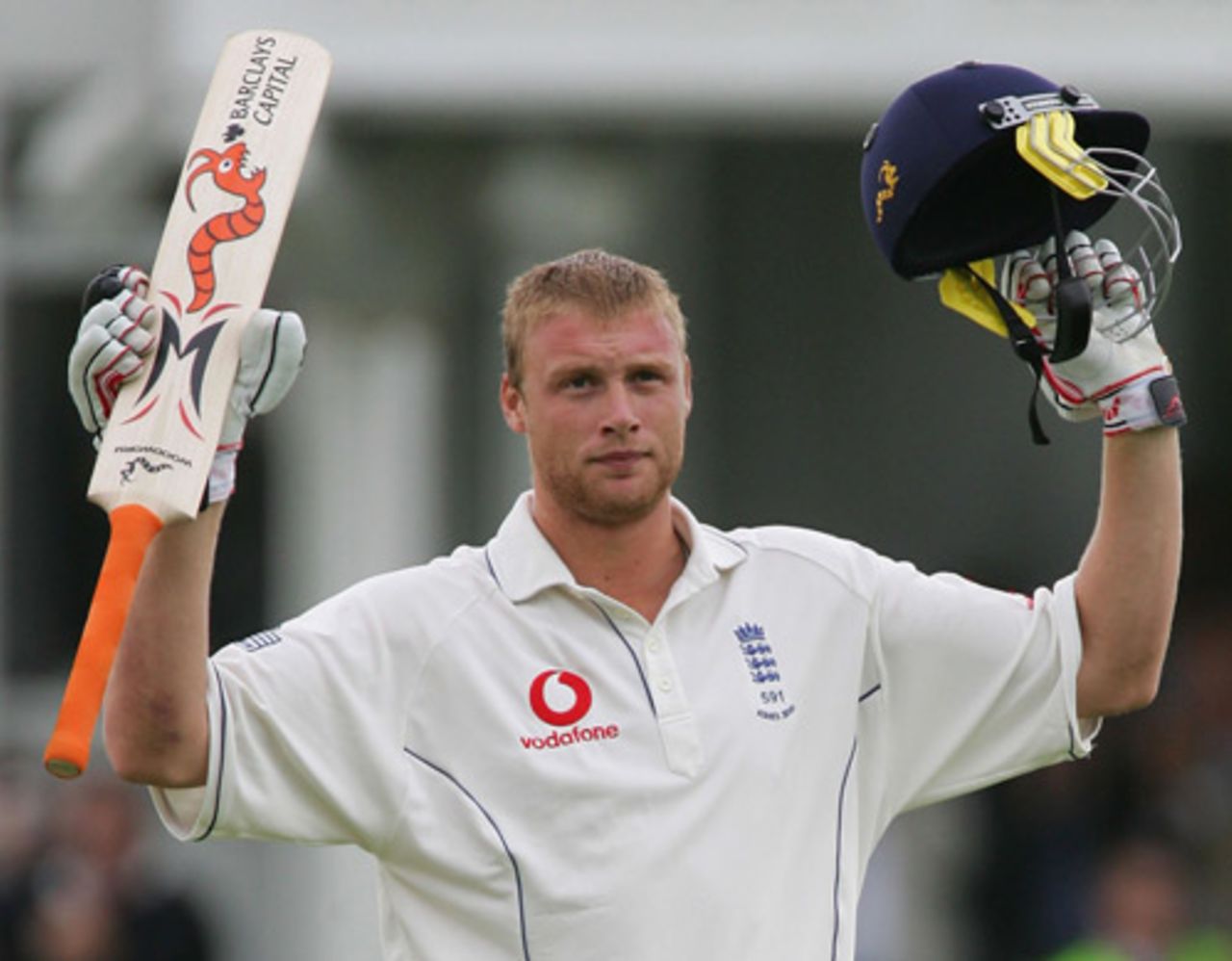 Andrew Flintoff raises his arms on reaching his hundred, his first against Australia, England v Australia, Trent Bridge, August 26, 2005