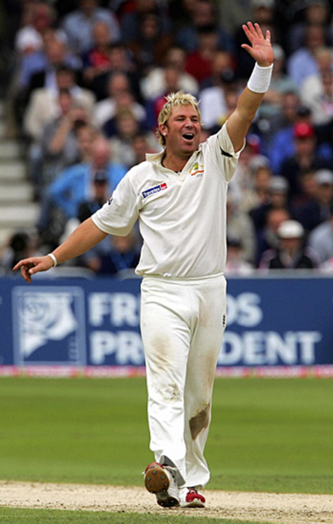 Shane Warne celebrates the wicket of Ashley Giles, England v Australia, Trent Bridge, August 26, 2005