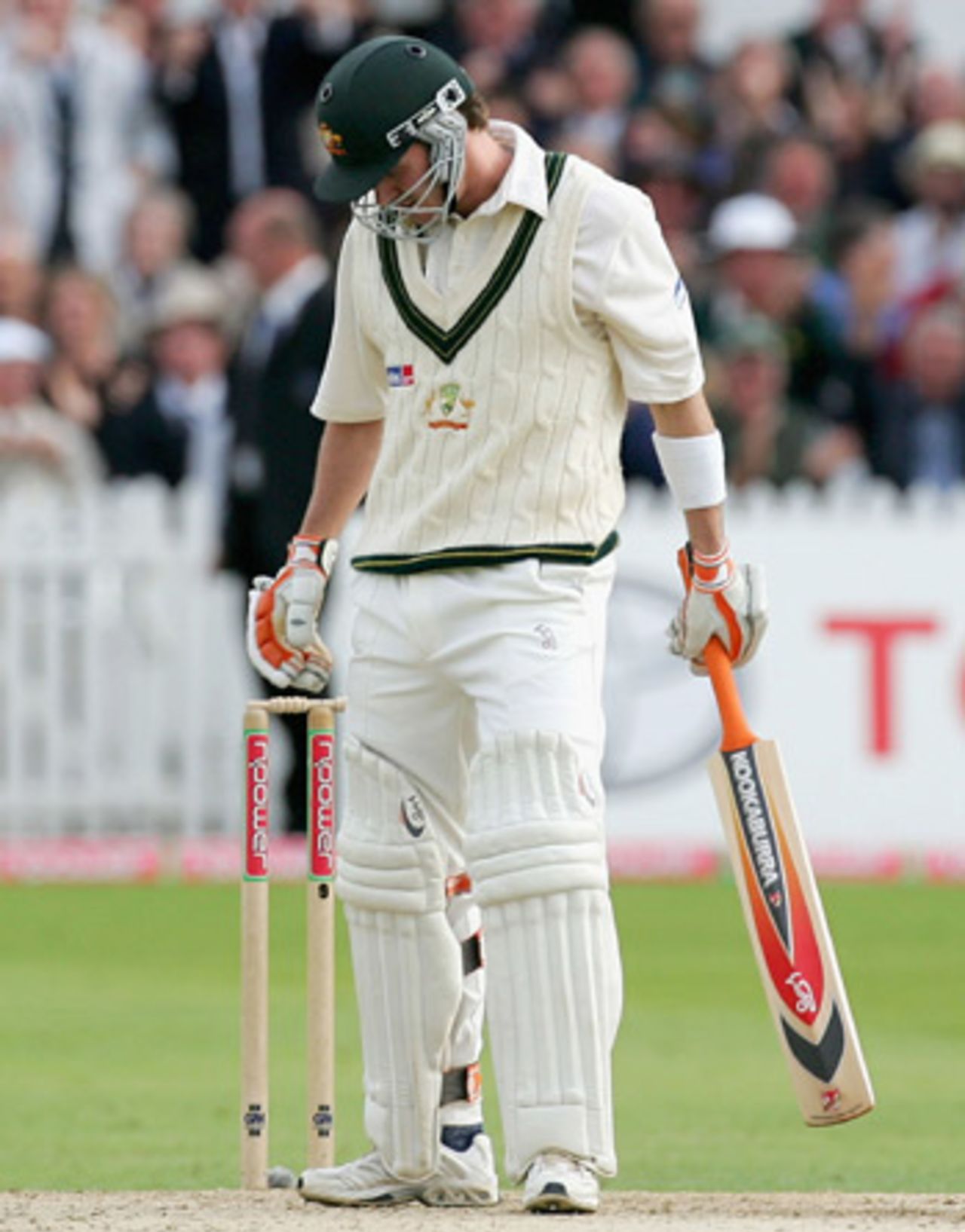 Damien Martyn cuts a forlorn figure, given out LBW, England v Australia, Trent Bridge, August 26, 2005