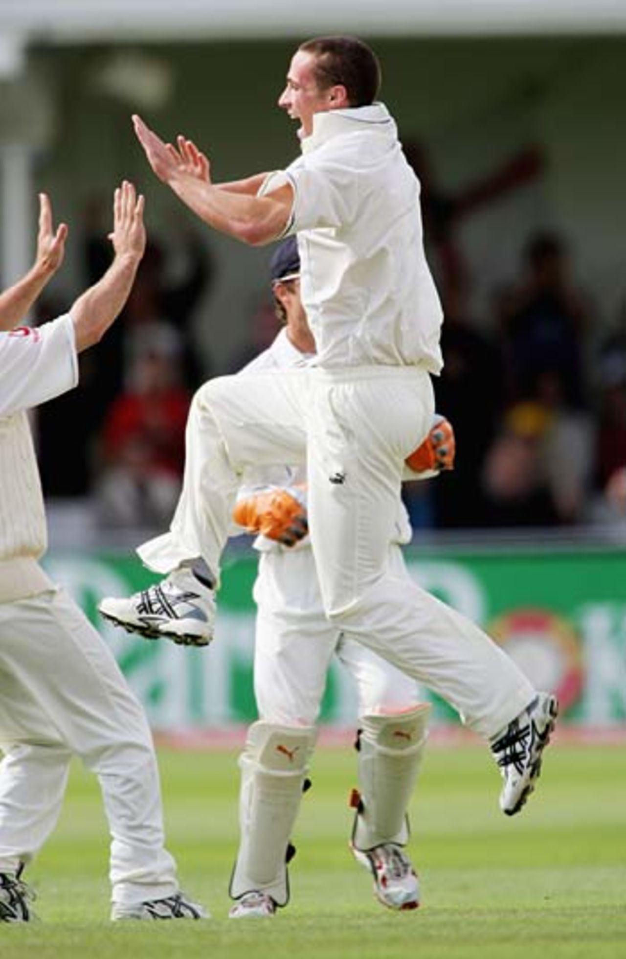 Simon Jones leaps for joy after dismissing Shane Warne, England v Australia, 4th Test, Nottingham, August 27, 2005