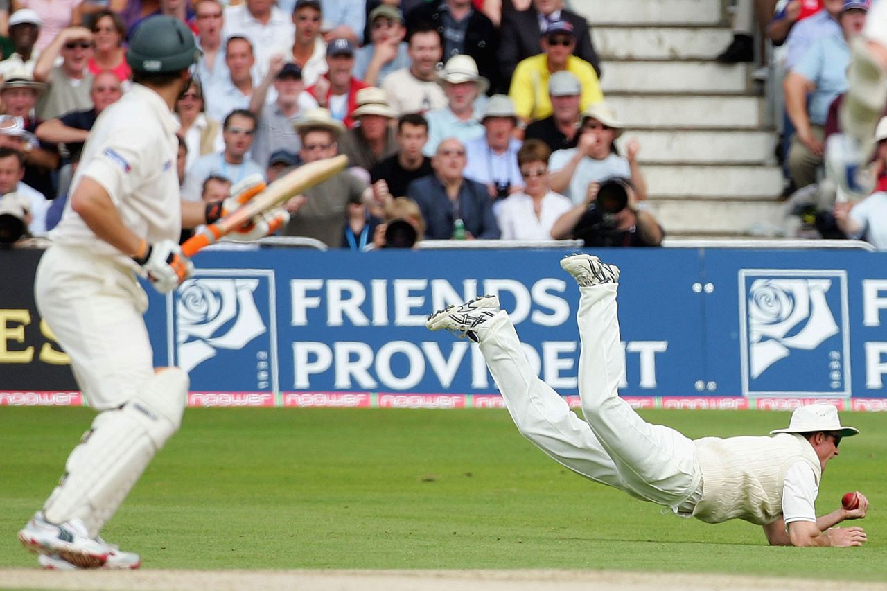 Andrew Strauss leaps to pull off a stunning catch to dismiss Adam Gilchrist, England v Australia, 4th Test, Nottingham, August 27, 2005