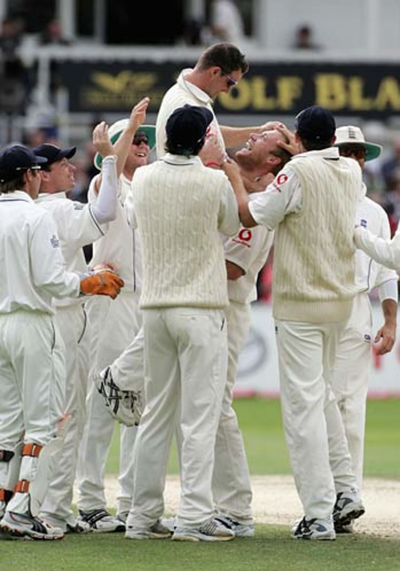 Andrew Strauss is carried high after pulling off a stunning catch to dismiss Simon Katich, England v Australia, 4th Test, Nottingham, August 27, 2005