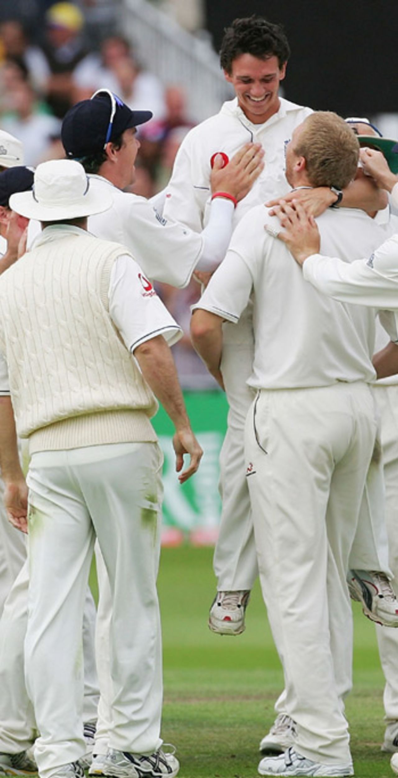 Gary Pratt is lifted up high by Andrew Flintoff, after his brilliant run-out to dismiss Ricky Ponting, England v Australia, Trent Bridge, August 27, 2005