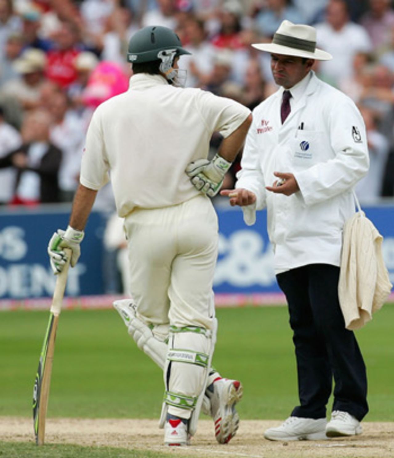 Ricky Ponting discusses his run-out with Aleem Dar.  Ponting was brilliantly run out by a substitute fielder, Gary Pratt, England v Australia, Trent Bridge, August 27, 2005