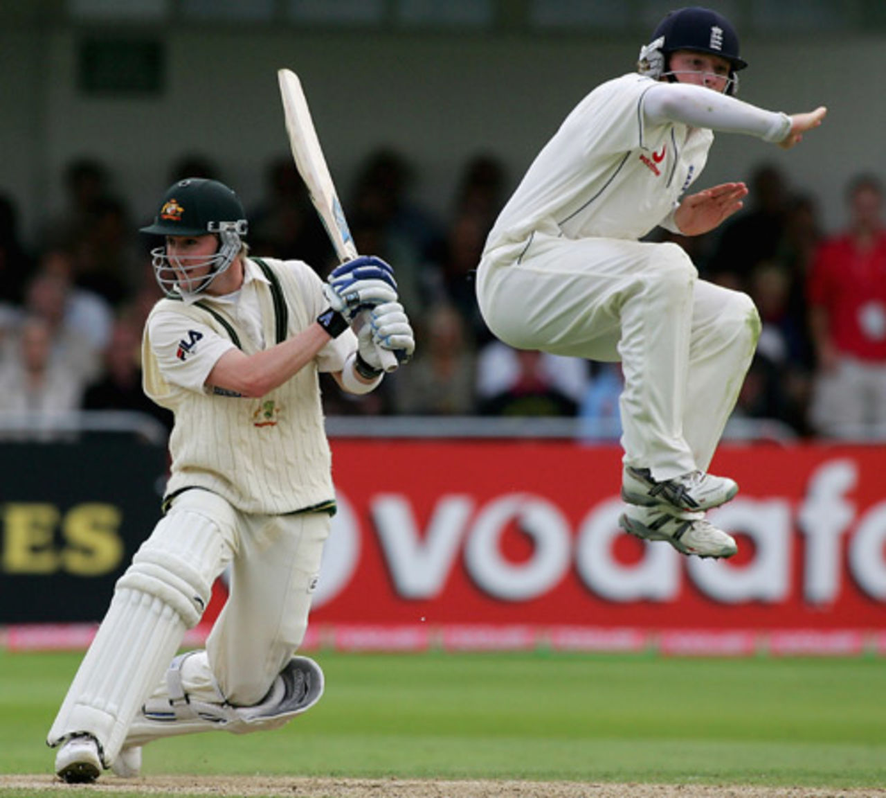 Ian Bell jumps to avoid a Michael Clarke cut, England v Australia, Trent Bridge, August 27, 2005