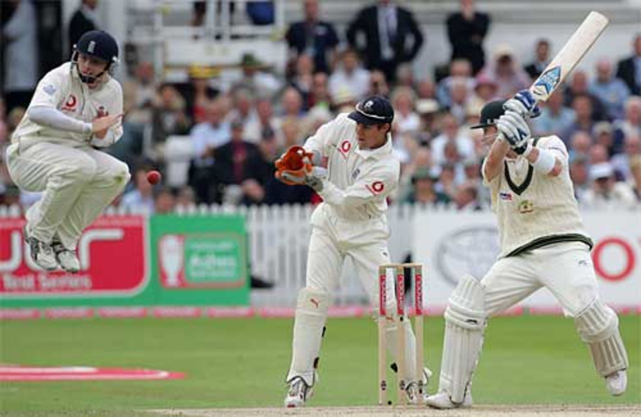 Ian Bell takes evasive action as Michael Clarke hits out, England v Australia, 4th Test, Trent Bridge, 28 August 2005
