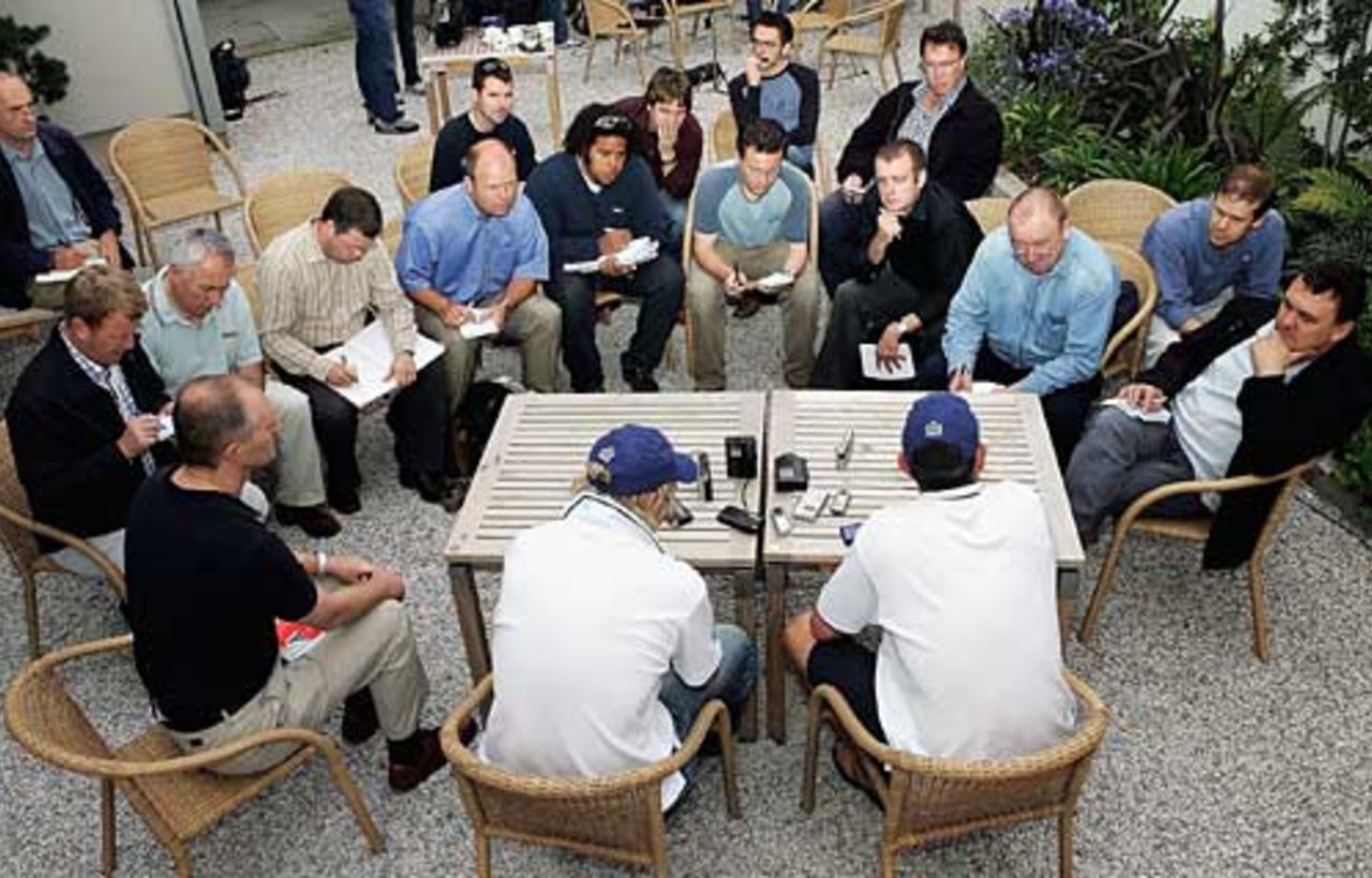 Matthew Hoggard and Ashley Giles face the media the morning after the batting heroics at Trent Bridge, August 29, 2005