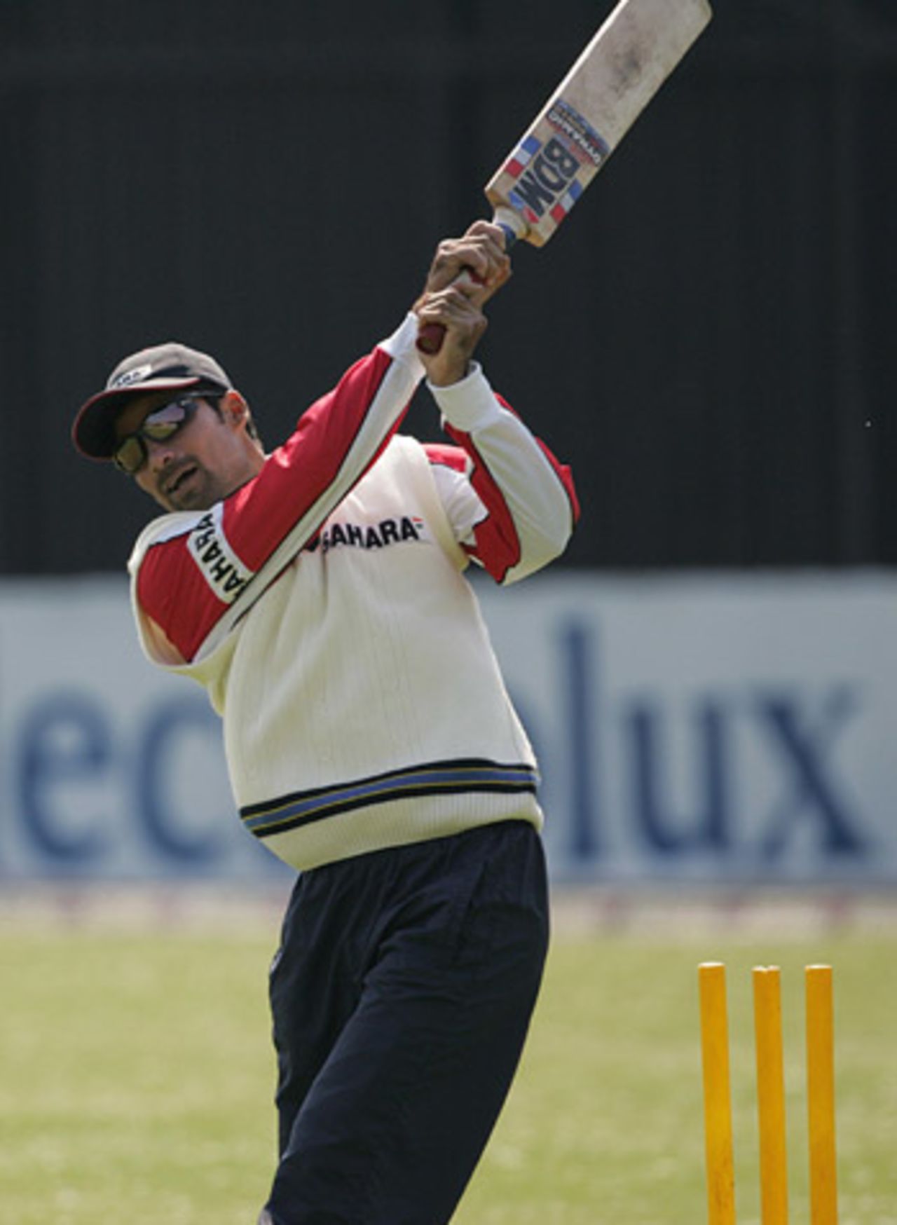 Mohammad Kaif hits over the top during a training session, Harare, September 1, 2005