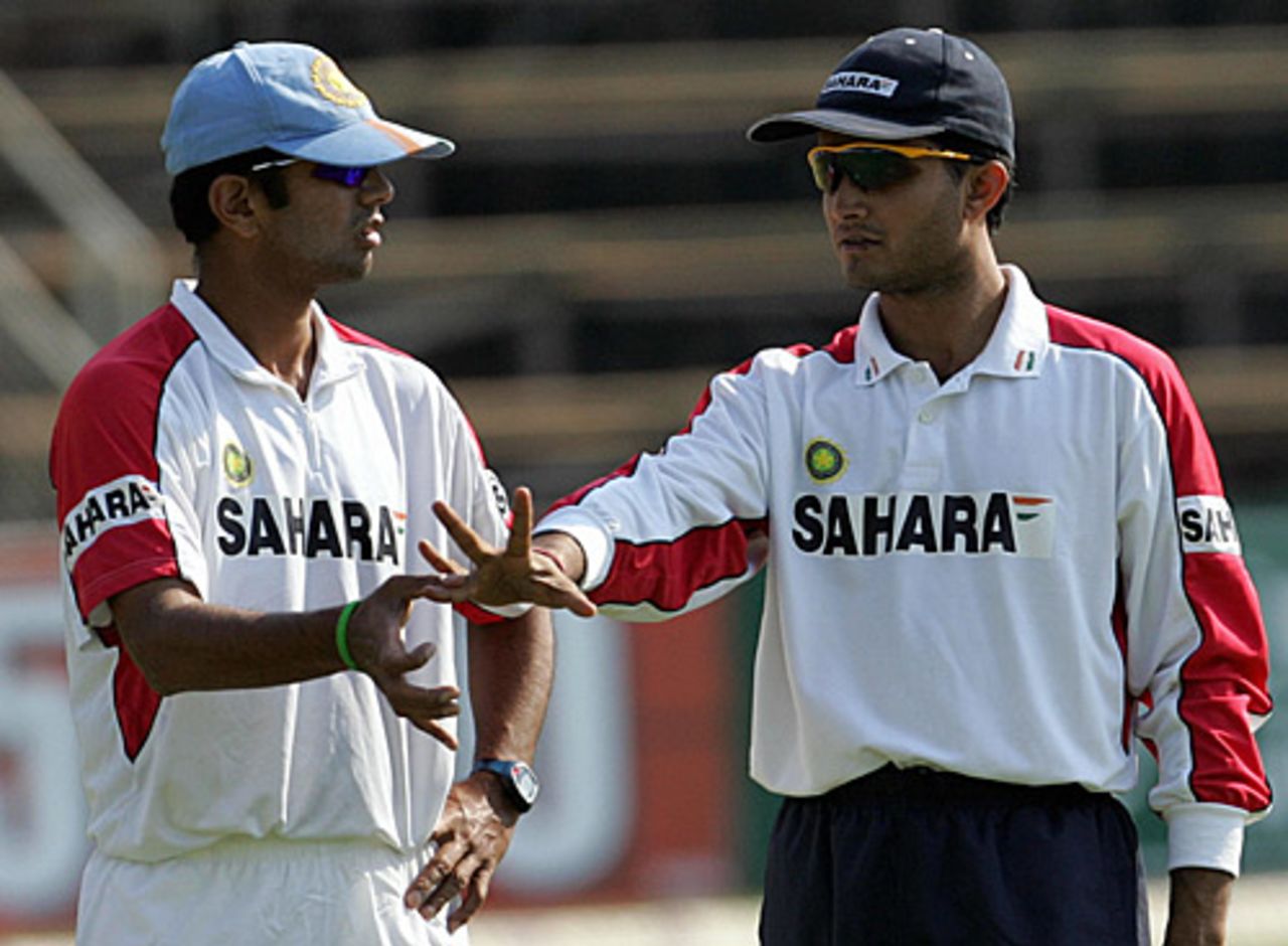 Rahul Dravid and Sourav Ganguly discuss tactics in a training session, Harare, September 1, 2005