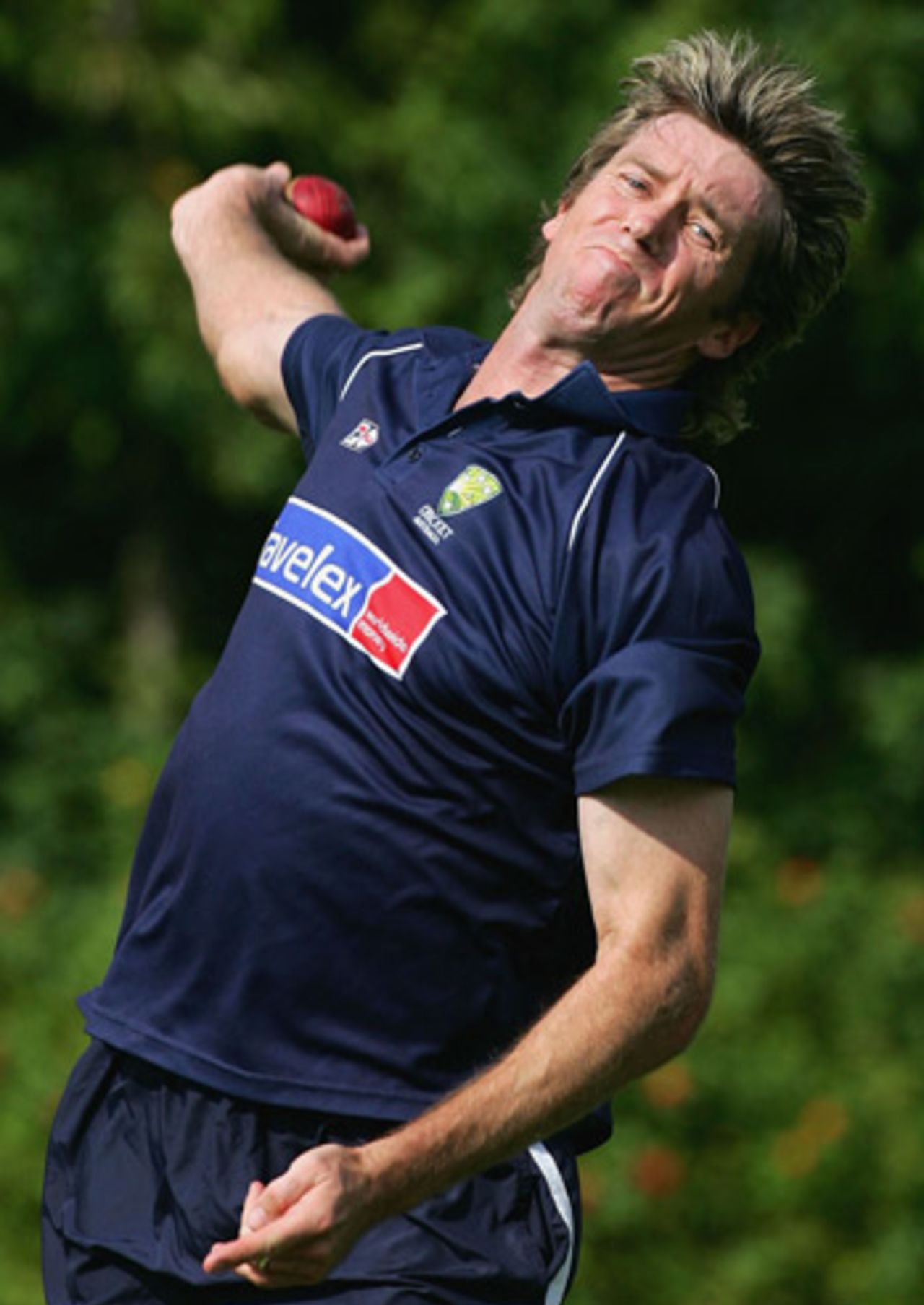 Glenn McGrath lets one go during training, London, September 1, 2005