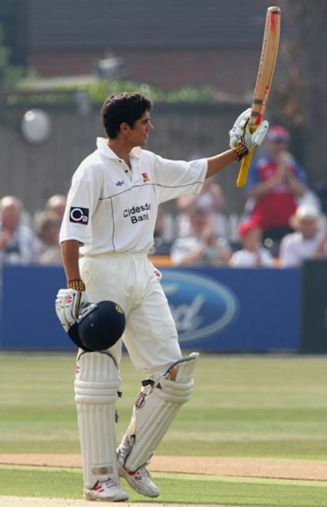 Alistair Cook acknowledges the crowd's cheers after reaching his century, Essex v Australia, 3 September, 2005, Chelmsford