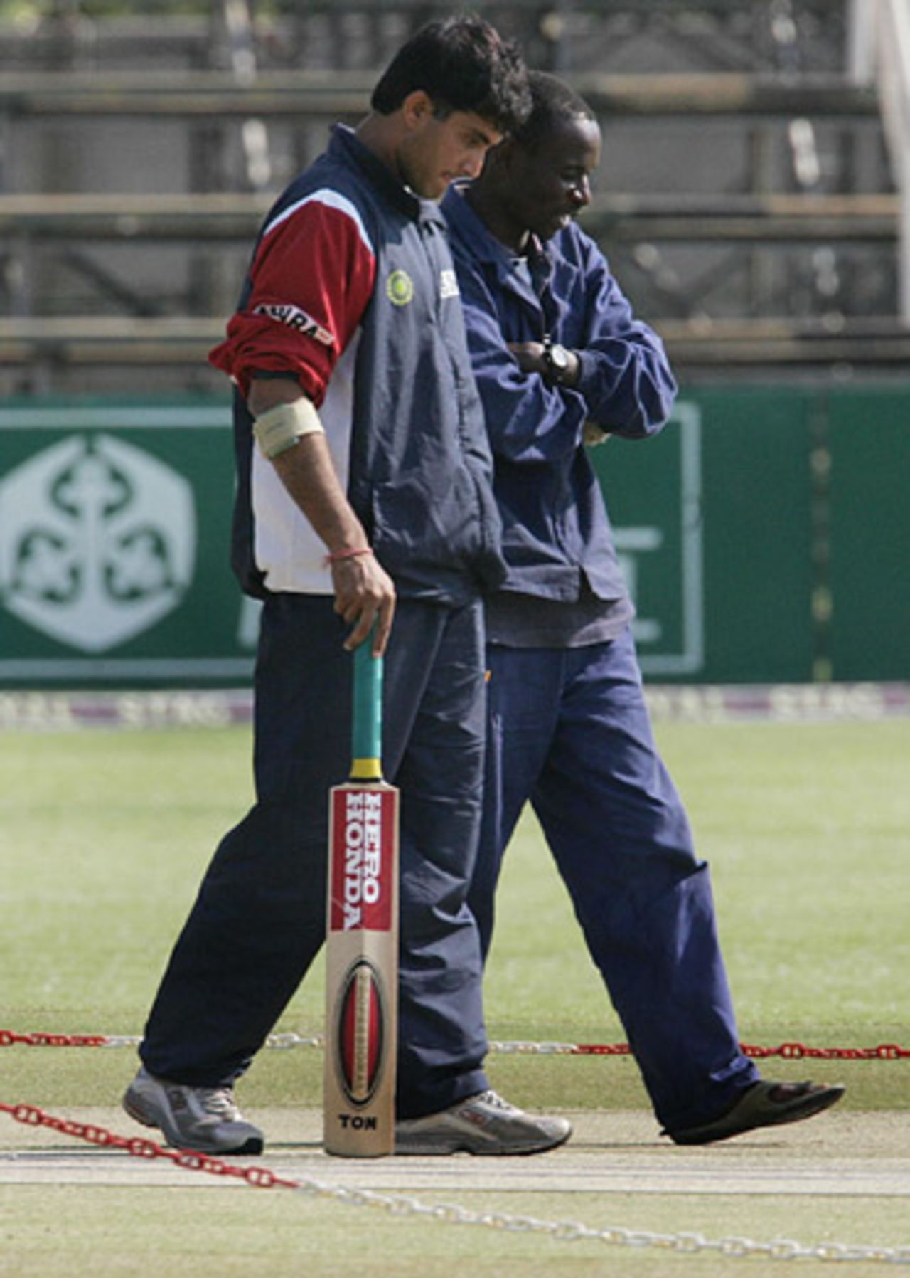 Sourav Ganguly checks the pitch ahead of India's final with New Zealand, Harare, September 5, 2005