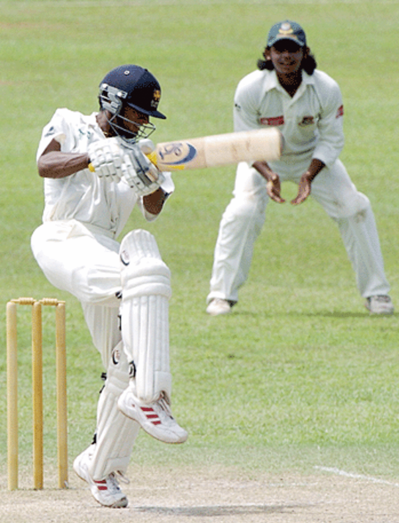 Jeewan Mendis unleashes a square cut while Nafees Ahmed looks on from first slip, Sri Lanka Development XI v Bangladesh, Colts Cricket Ground, Colombo, September 8, 2005