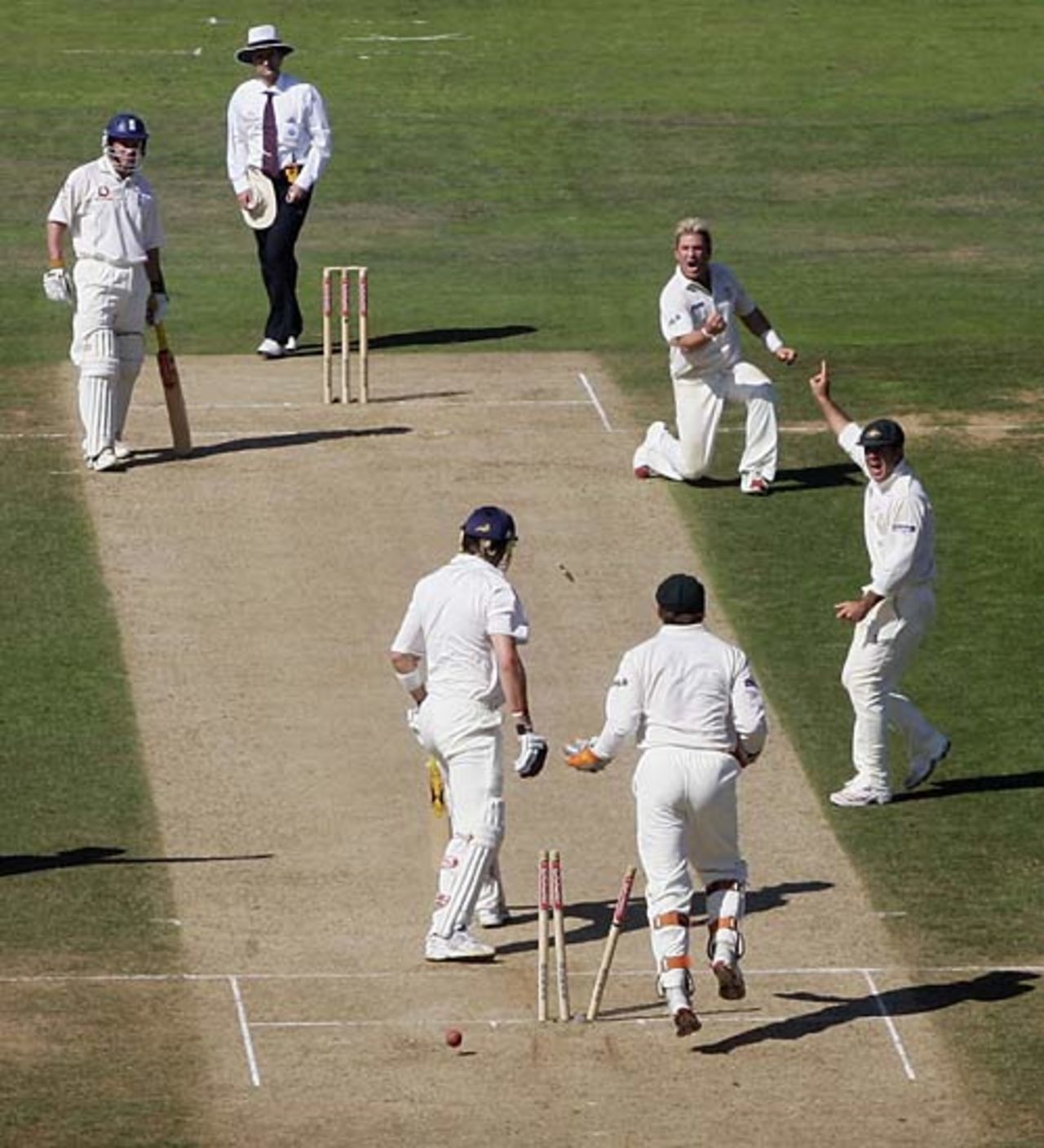 A delighted Shane Warne dismisses Kevin Pietersen, England v Australia, 5th Test, The Oval, September 8, 2005