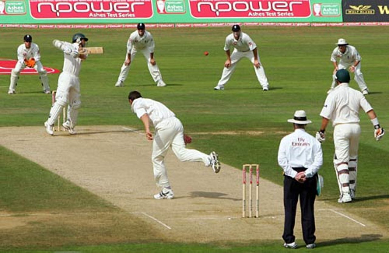 Justin Langer cuts as the slip fielders look on, England v Australia, The Oval, London, September 9, 2005