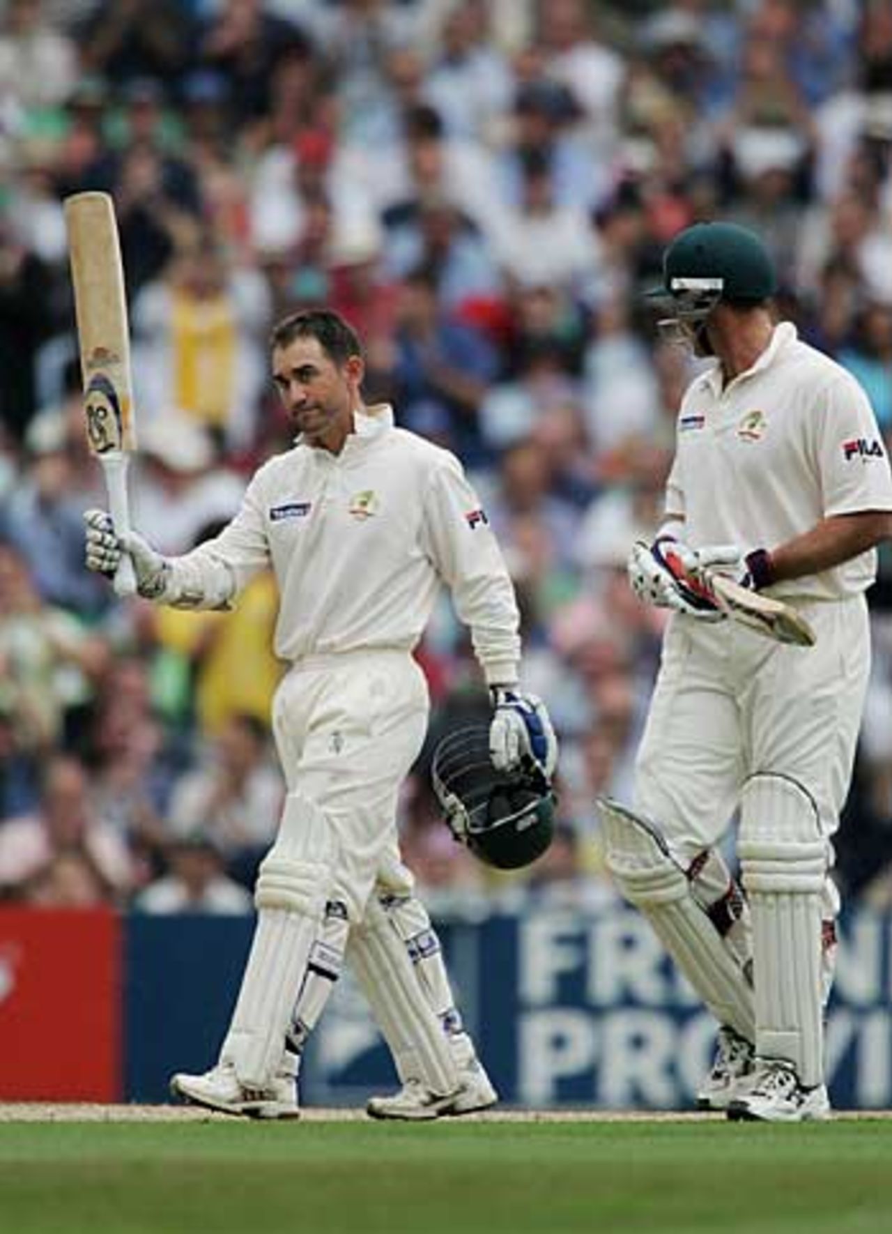 Justin Langer celebrates his hundred at The Oval, England v Australia, September 10, 2005