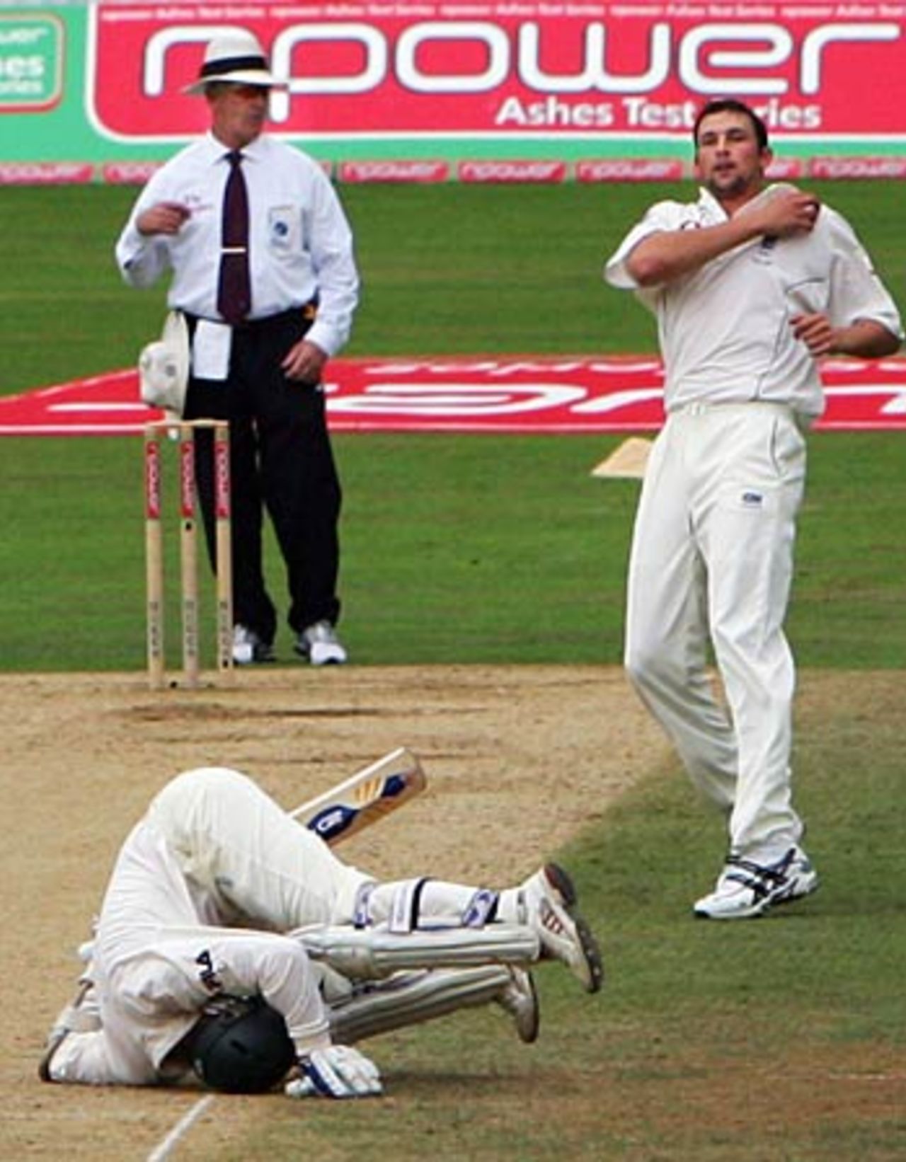 Justin Langer is felled by Steve Harmison, England v Australia, The Oval, London, September 10, 2005