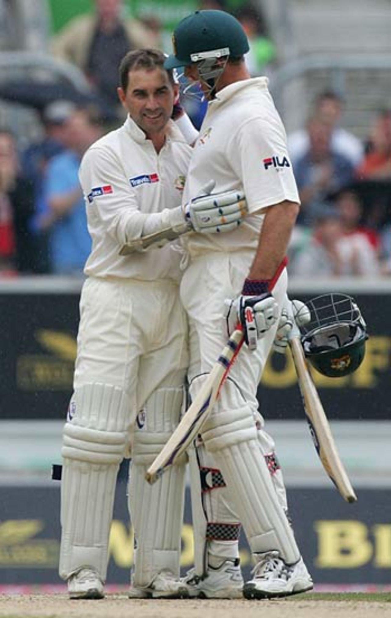 Matthew Hayden congratulates Justin Langer after Langer reached a hundred, England v Australia, The Oval, London, September 10, 2005