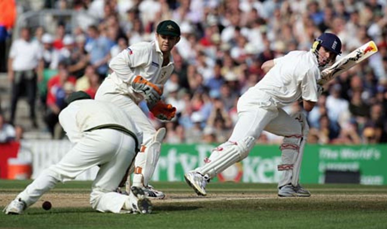 Matthew Hayden drops Kevin Pietersen at slip, although the ball had taken a big deflection off Adam Gilchrist's leg, England v Australia, 5th Test, The Oval, September 12, 2005