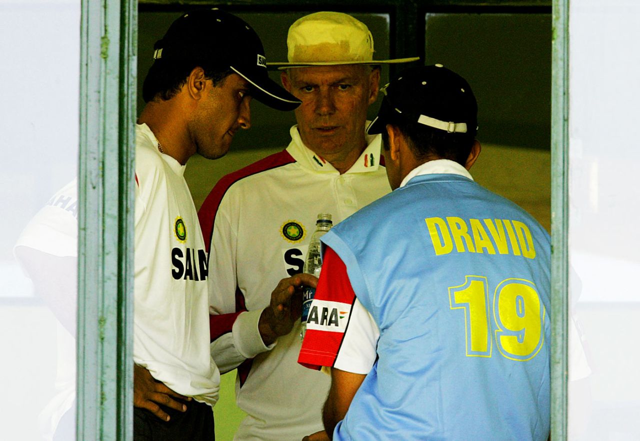 Greg Chappell chats with Sourav Ganguly and Rahul Dravid ahead of the first Test, Bulawayo, September 12, 2005