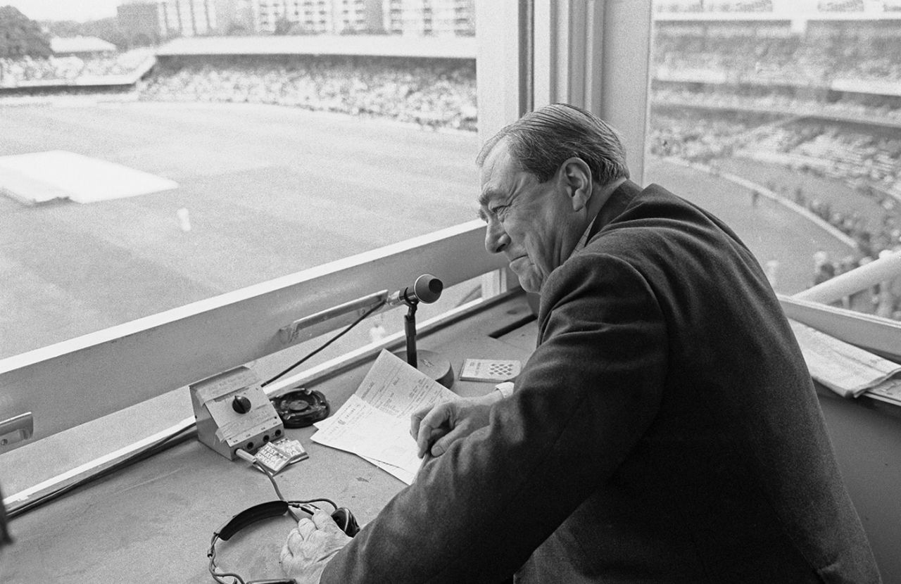 John Arlott in the commentary box at Lord's during his last Test Match for the BBC, England v Australia, Centenary Test, day one, August 28, 1980
