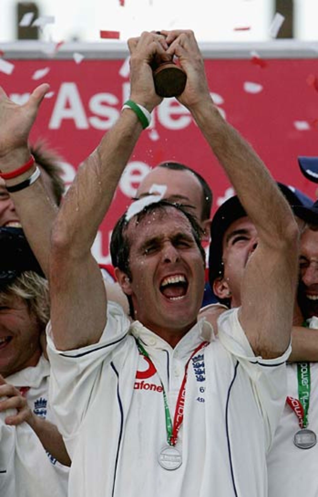After 16 years and 29 days in Australians hands, an ecstatic Michael Vaughan lifts the Ashes, England v Australia, The Oval, September 12, 2005