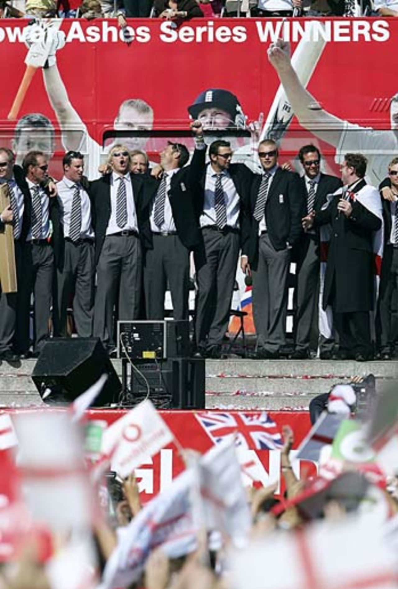 The England side take the applause in Trafalgar Square, London,  September 13, 2005