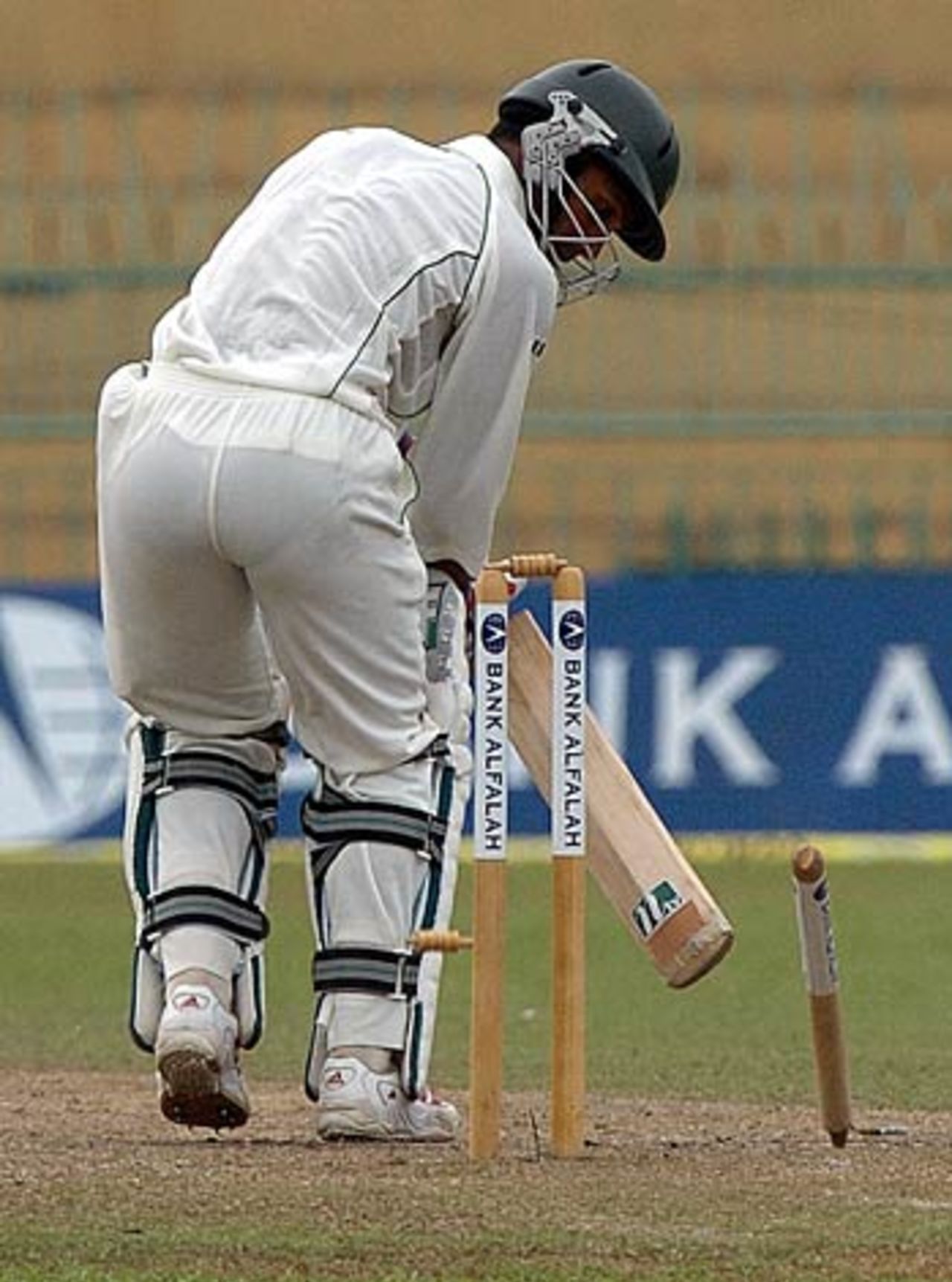 Khaled Mashud has his off stump uprooted by Lasith Malinga, Sri Lanka v Bangladesh, Colombo, September 14, 2005