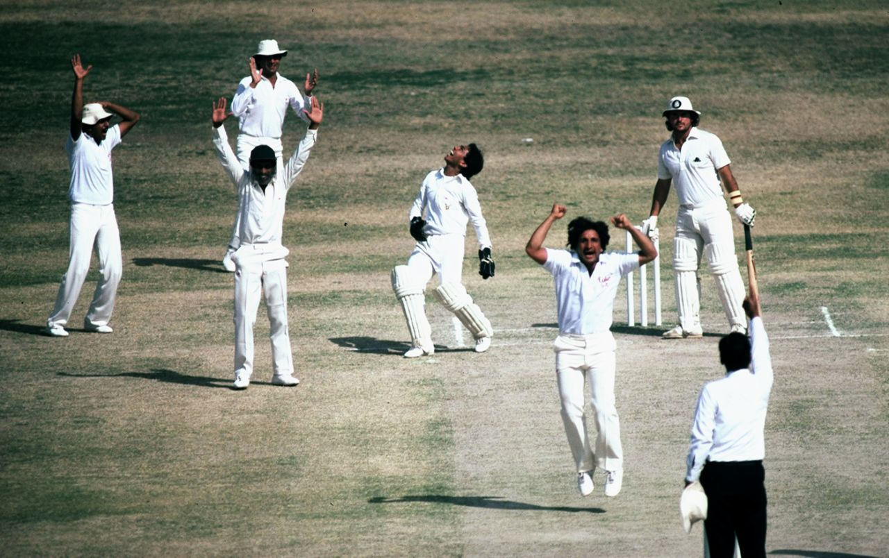 Abdul Qadir celebrates after he captures the vital wicket of Allan Lamb , Pakistan v England, Karachi, March 6, 1984