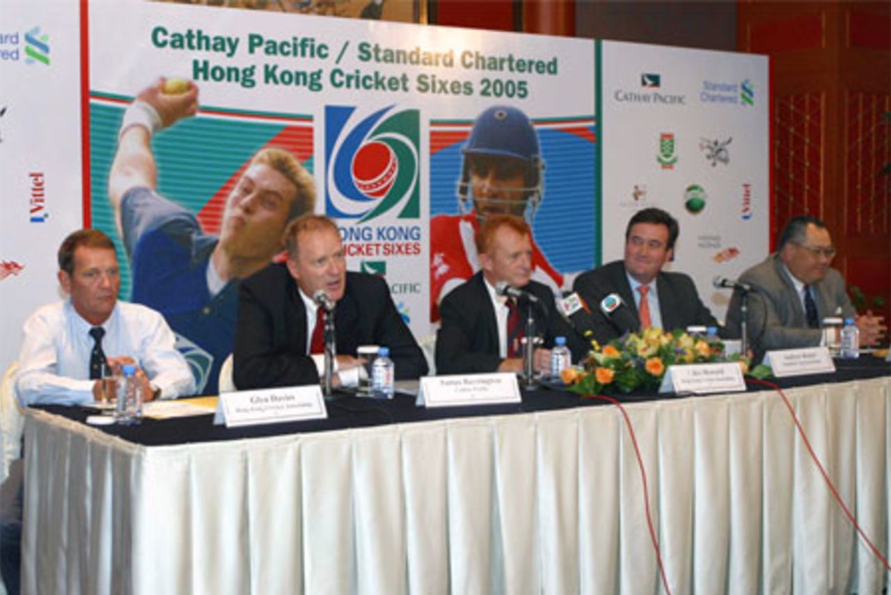 Glyn Davies (Tournament Director), James Barrington (Cathay Pacific), Clive Howard (Chairman, HKCA), Andrew Bester (Standard Chartered) and Tony Souza (Standard Chartered) announce the draw for the 2005 Cathay Pacific / Standard Chartered Hong Kong international Cricket Sixes at a Press Conference at the Island Shangri-la, Hong Kong, on 16th September 2005