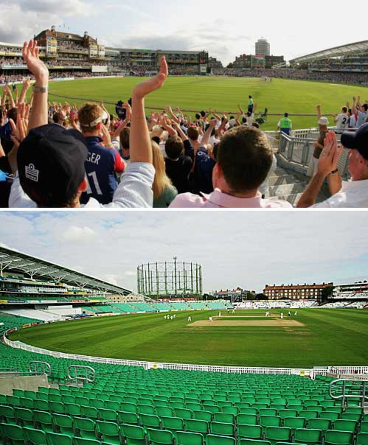 Contrasting scenes: The Oval a little over a week ago, as England drew with Australia to regain the Ashes, September 12, 2005.  And, nine days later, the scene is starkly different for Surrey's game against Middlesex, September 21, 2005