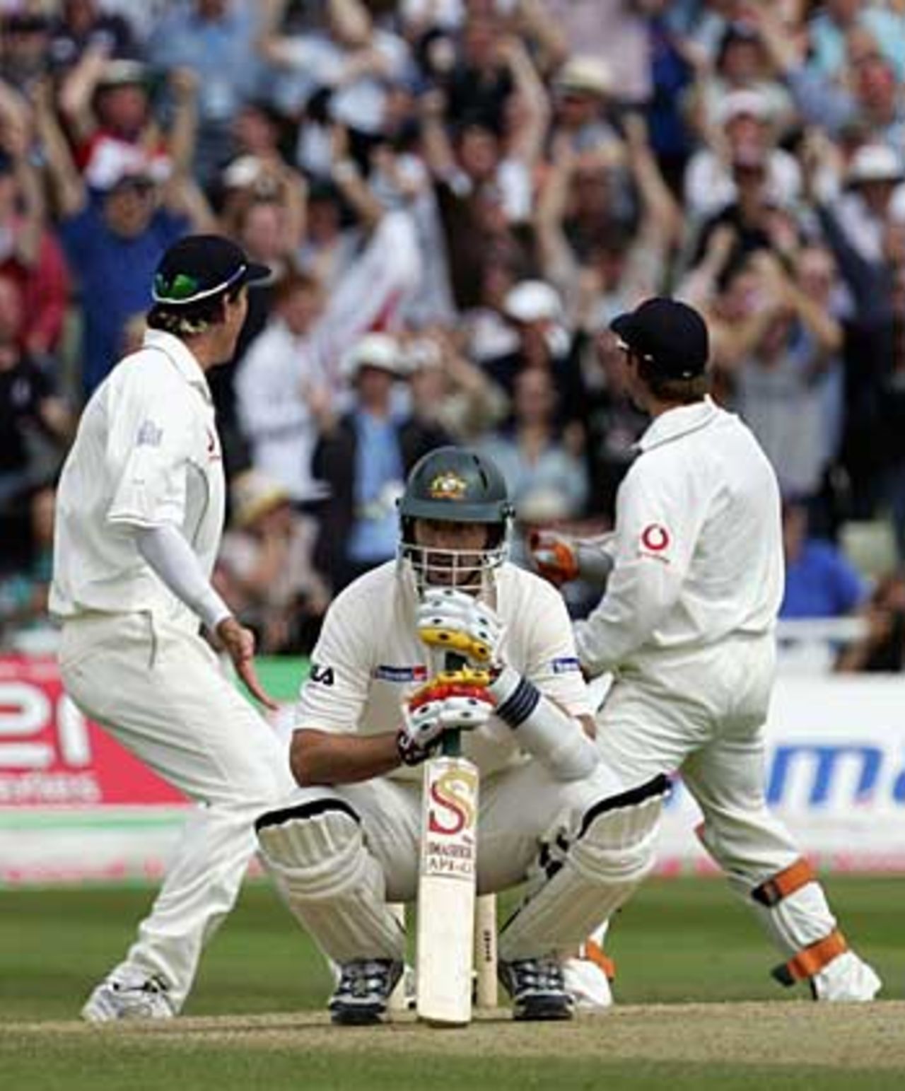 Mike Kasprowicz is distraught at gloving a Stephen Harmison delivery, and losing the match by just two runs, England v Australia, Edgbaston, August 7, 2005