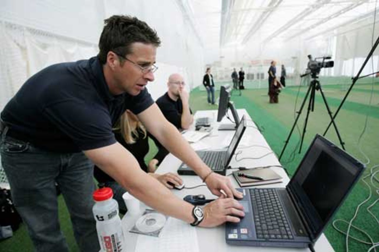 Troy Cooley stares intently at his laptop to assess bowlers performances, ECB National Academy in Loughborough at the start of the winter programme, Loughborough, September 27, 2005