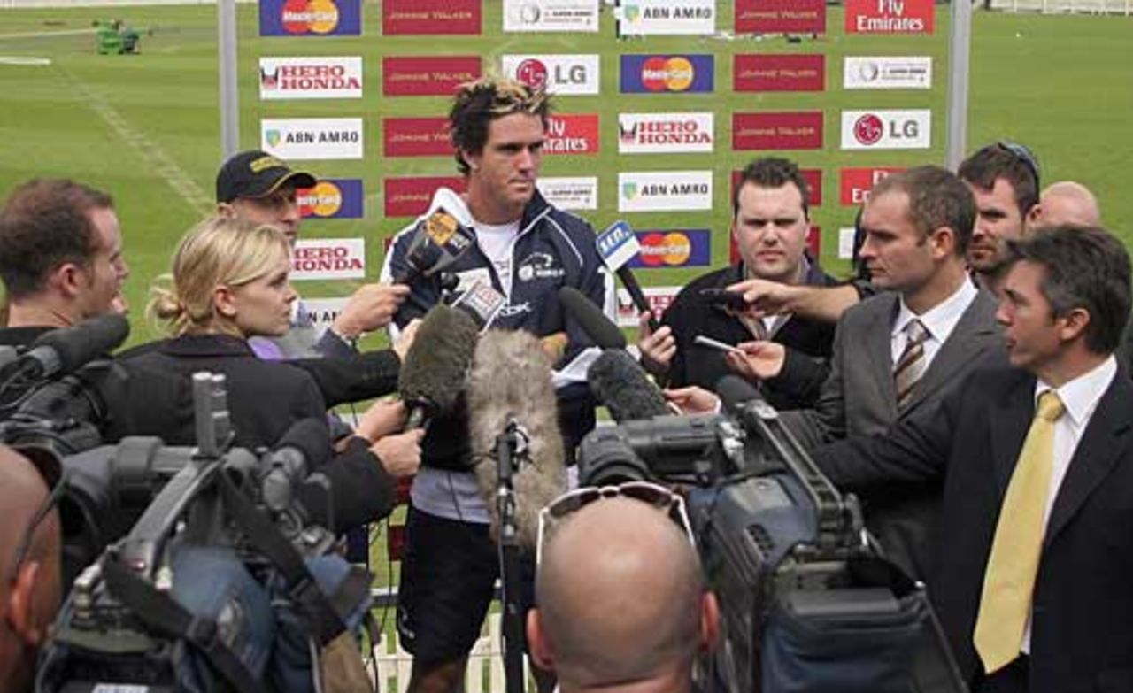 Next question please: Pietersen talks to the media after the World XI training session at Junction Oval, Melbourne, September 30, 2005