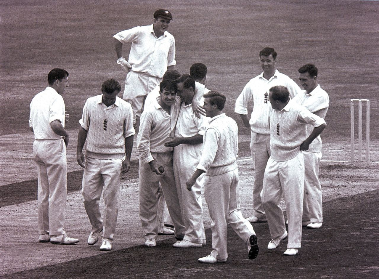 Fred Trueman is congratulated by Colin Cowdrey on taking his 300th Test wicket, England v Australia, The Oval, August 15, 1964